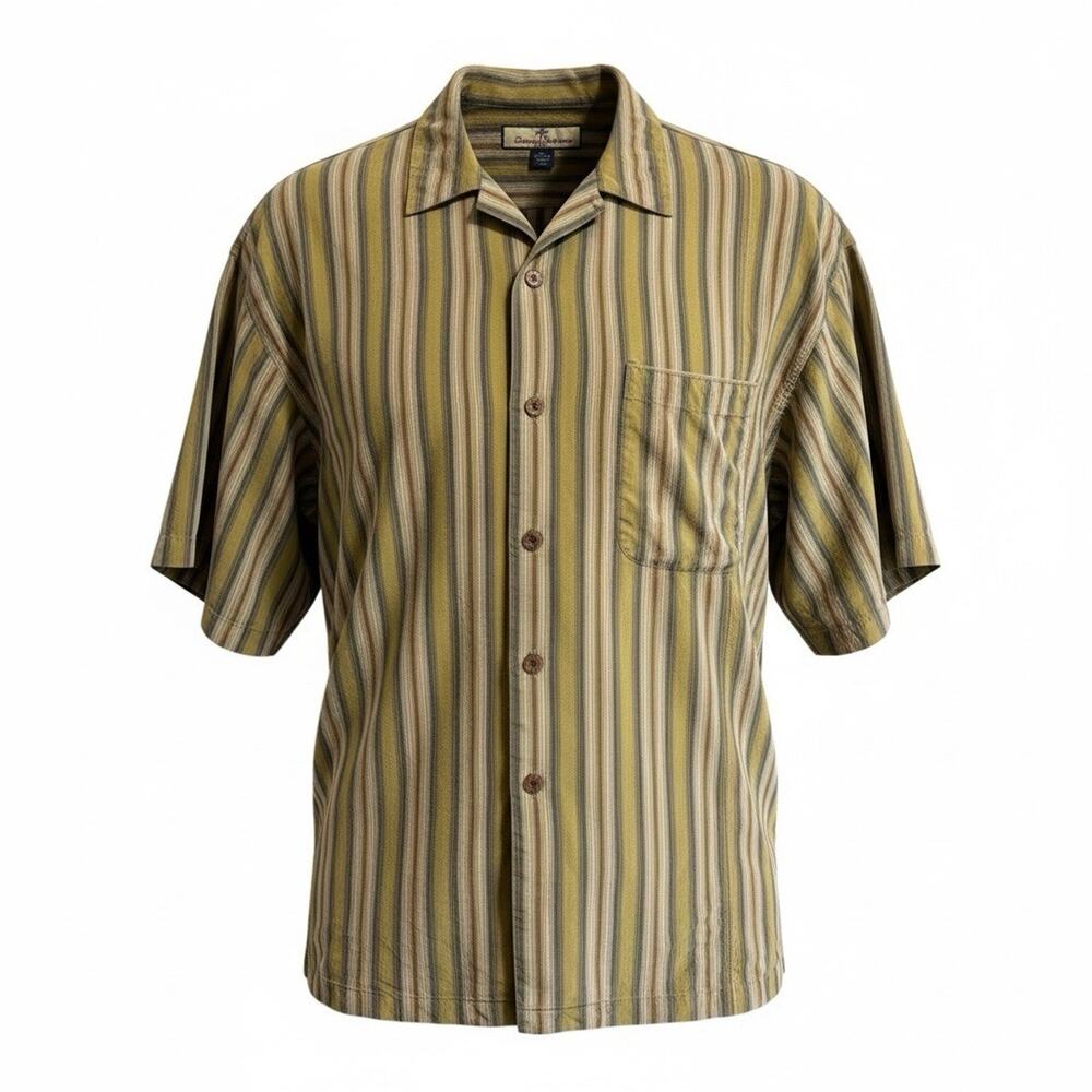 TOMMY BAHAMA Shirt Men’s XL 100% Silk Button Up Striped Short Sleeve Retro